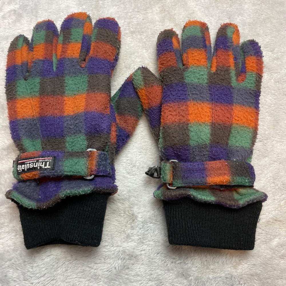 Vtg Thinsulate Womens Plaid Fleece Gloves Size B Multicolor Thermal Retro Winter